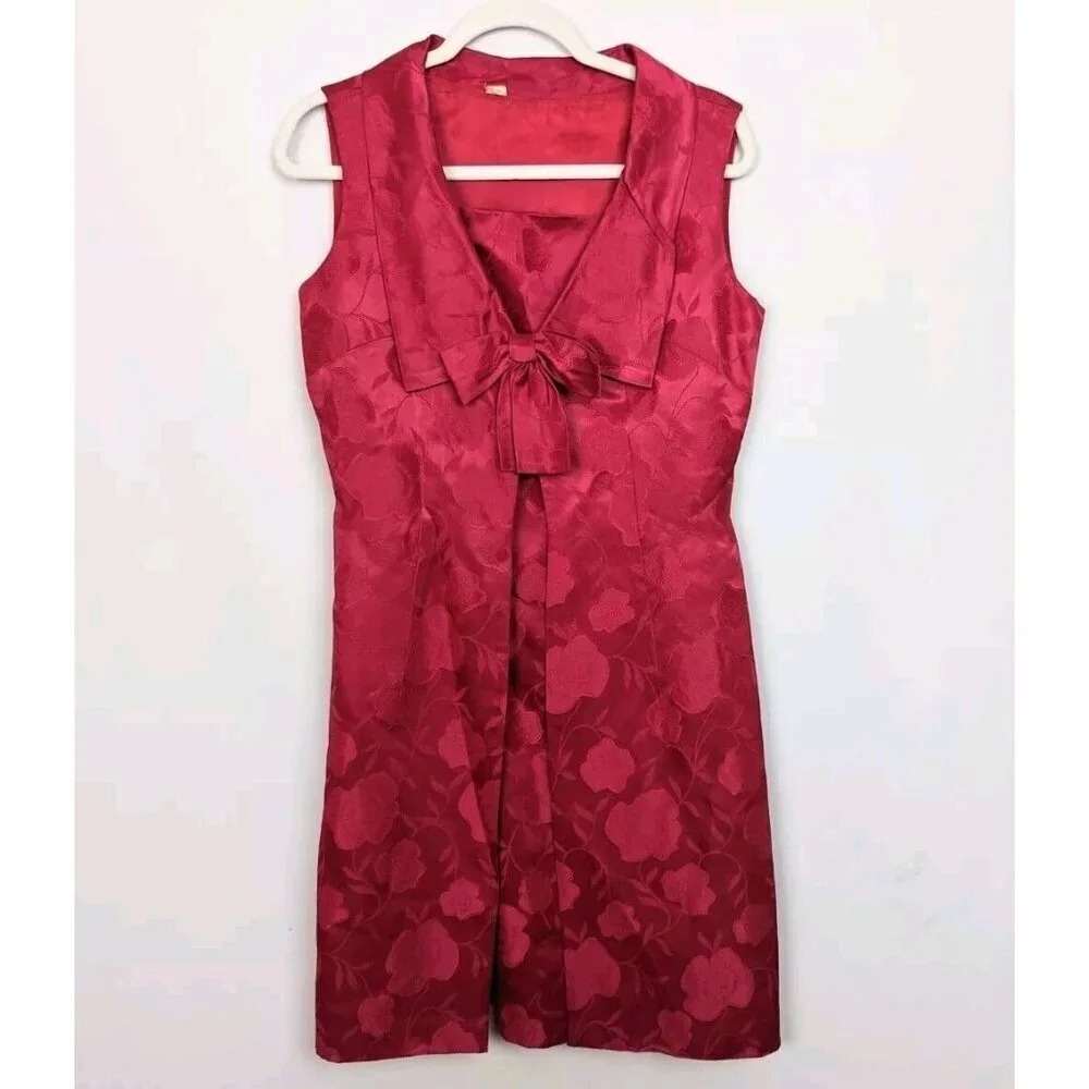 sz.S True Vintage 50s 60s Two Piece Dress Jacket Set Suit Brocade Jackie O Bow